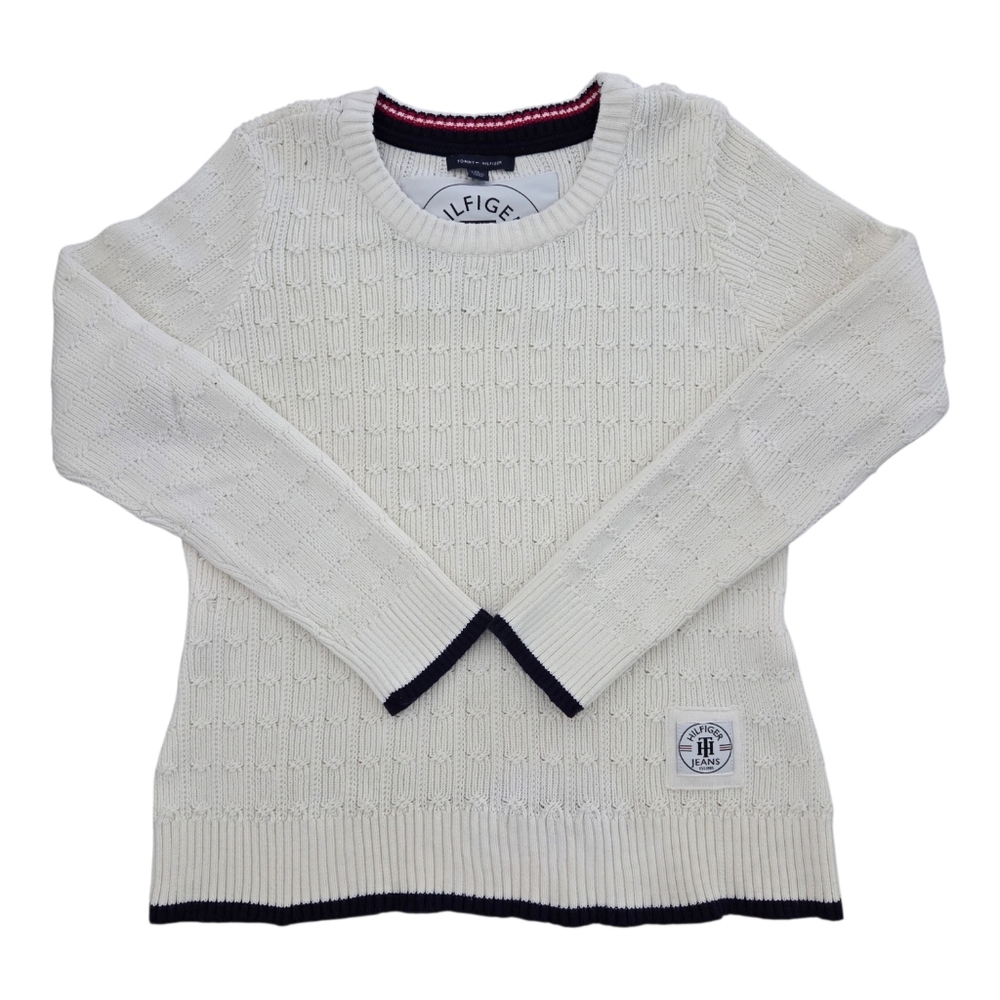 Tommy Hilfiger Vintage Women's Cable Knit Sweater, Ivory/blue, Size XL